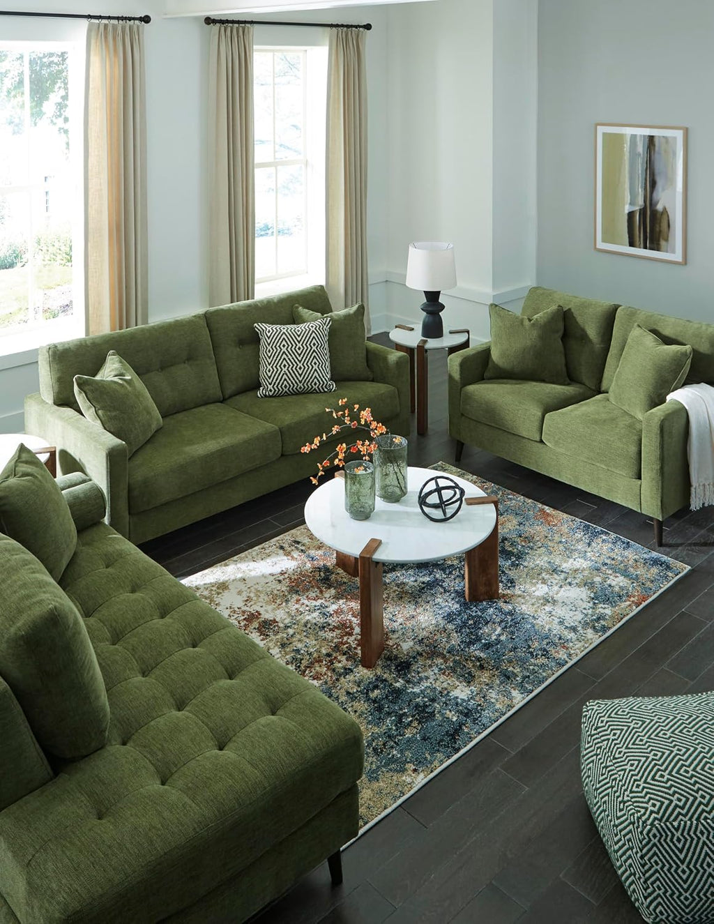 Signature Design by Ashley Bixler Sofa, Mid-Century Modern Sofa with Button-Tufted Back, Durable Foam Cushions, Platform Foundation Support, Polyester Blend Upholstery, Olive