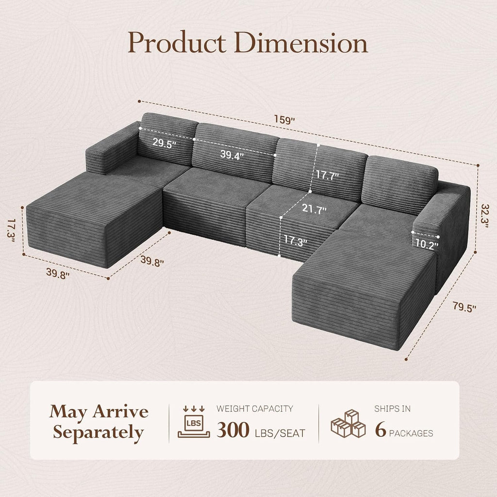 Vesgantti 159' Large Modular Sectional Sofa, U-Shaped Corduroy Cloud Couch with Deep Seats & Spring Support, 4-Seater Boneless Sofa with 2 Movable Ottomans, No Assembly Needed, Grey