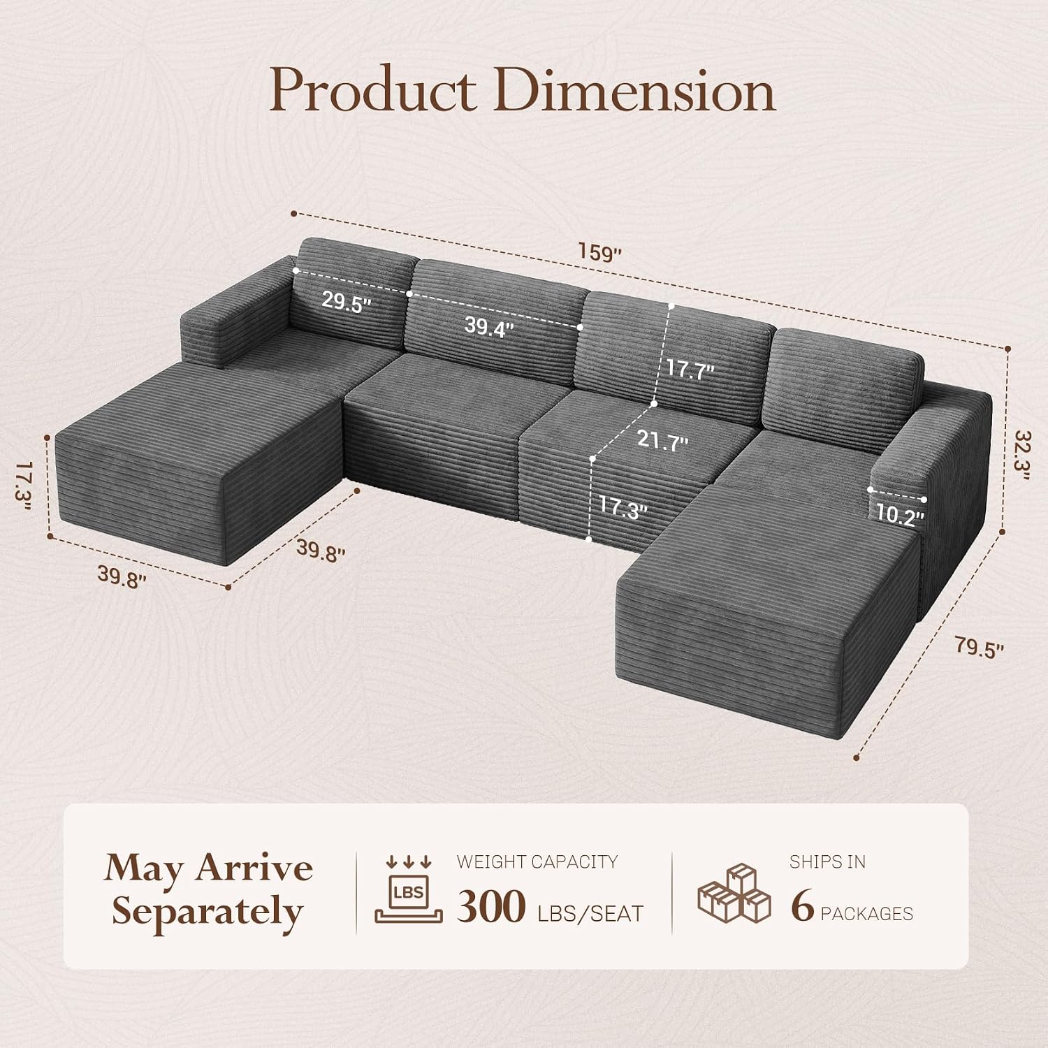 Vesgantti 159' Large Modular Sectional Sofa, U-Shaped Corduroy Cloud Couch with Deep Seats & Spring Support, 4-Seater Boneless Sofa with 2 Movable Ottomans, No Assembly Needed, Grey