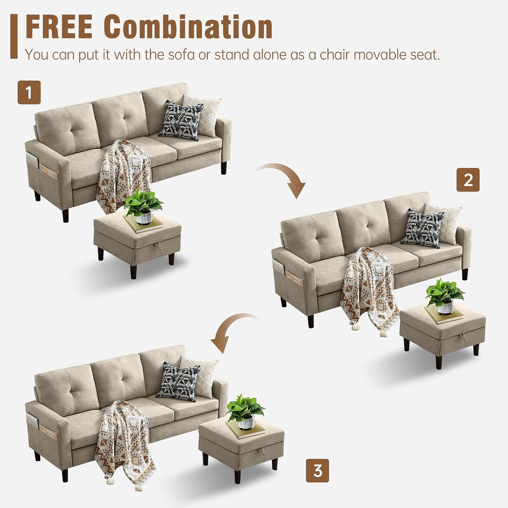 3 Piece Living Room Sofa Sets, Modern 3 Seater Sofa with Storage Ottoman and 2 PSC Armchair Couch Sets, Easy Assembly, Modern 5 Seat Sectional Couches for Living Room, Office,Beige