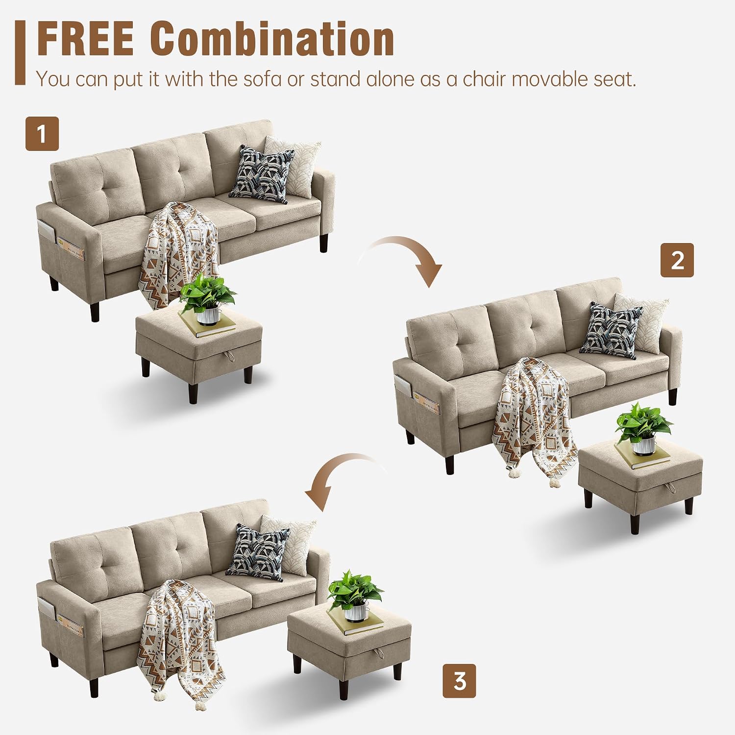 3 Piece Living Room Sofa Sets, Modern 3 Seater Sofa with Storage Ottoman and 2 PSC Armchair Couch Sets, Easy Assembly, Modern 5 Seat Sectional Couches for Living Room, Office,Beige