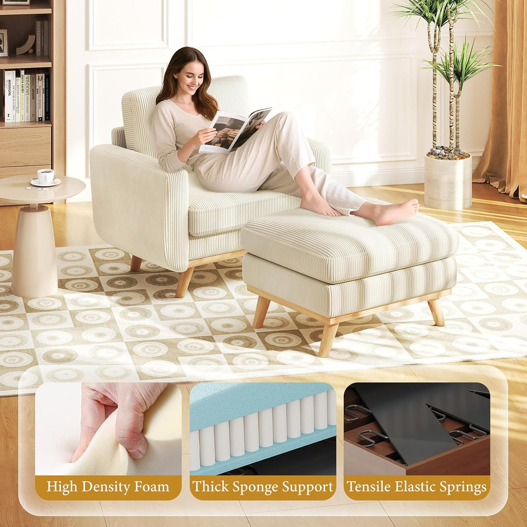 Vesgantti 38.5' Accent Chair with Movable Ottoman, Comfy Corduroy Armchair with Spring Cushion, Reading Chair with Ottoman, Modern Single Sofa for Living Room, Bedroom and Apartment, Beige