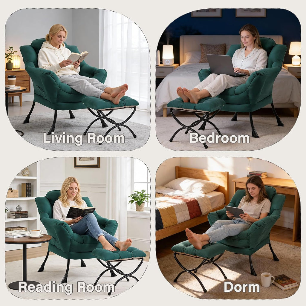 MBOOYOME Lazy Chair with Folding Ottoman, Modern Accent Armchair with Armrests and a Side Pocket & Foldable Footstool, Reading Chair for Living Room, Bedroom, Dorm & Office, Dark Green