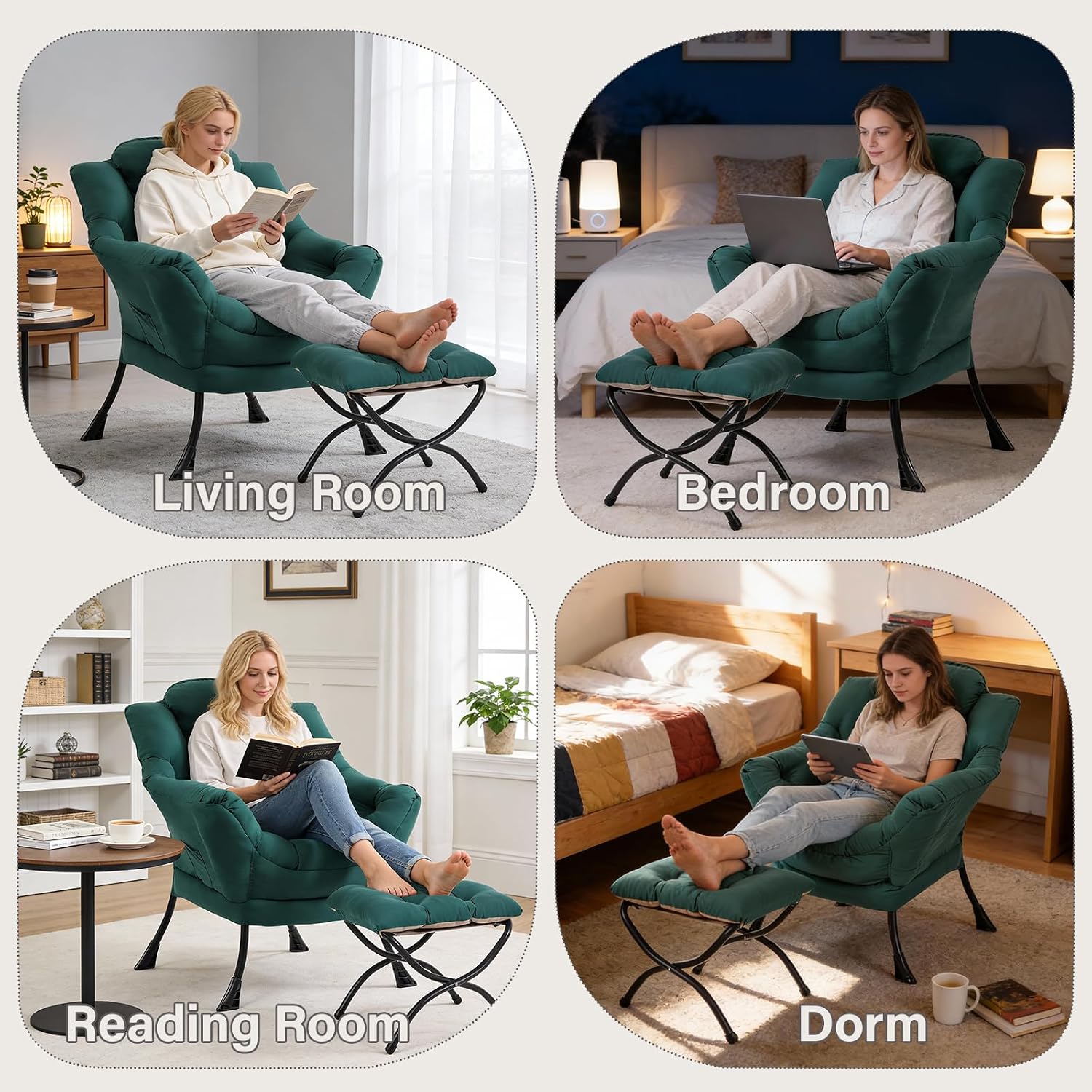 MBOOYOME Lazy Chair with Folding Ottoman, Modern Accent Armchair with Armrests and a Side Pocket & Foldable Footstool, Reading Chair for Living Room, Bedroom, Dorm & Office, Dark Green