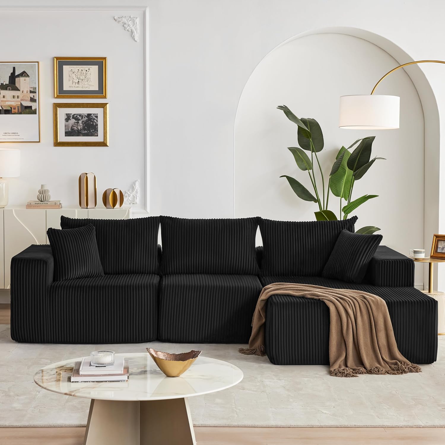 Weture 108' Modular Sectional Sofa, Cloud Sectional Couch with Deep Seat, Upholstered Boneless Couches for Living Room Bedroom, Modern Modular L-Shape Sofa with Chaise (Black, Corduroy)