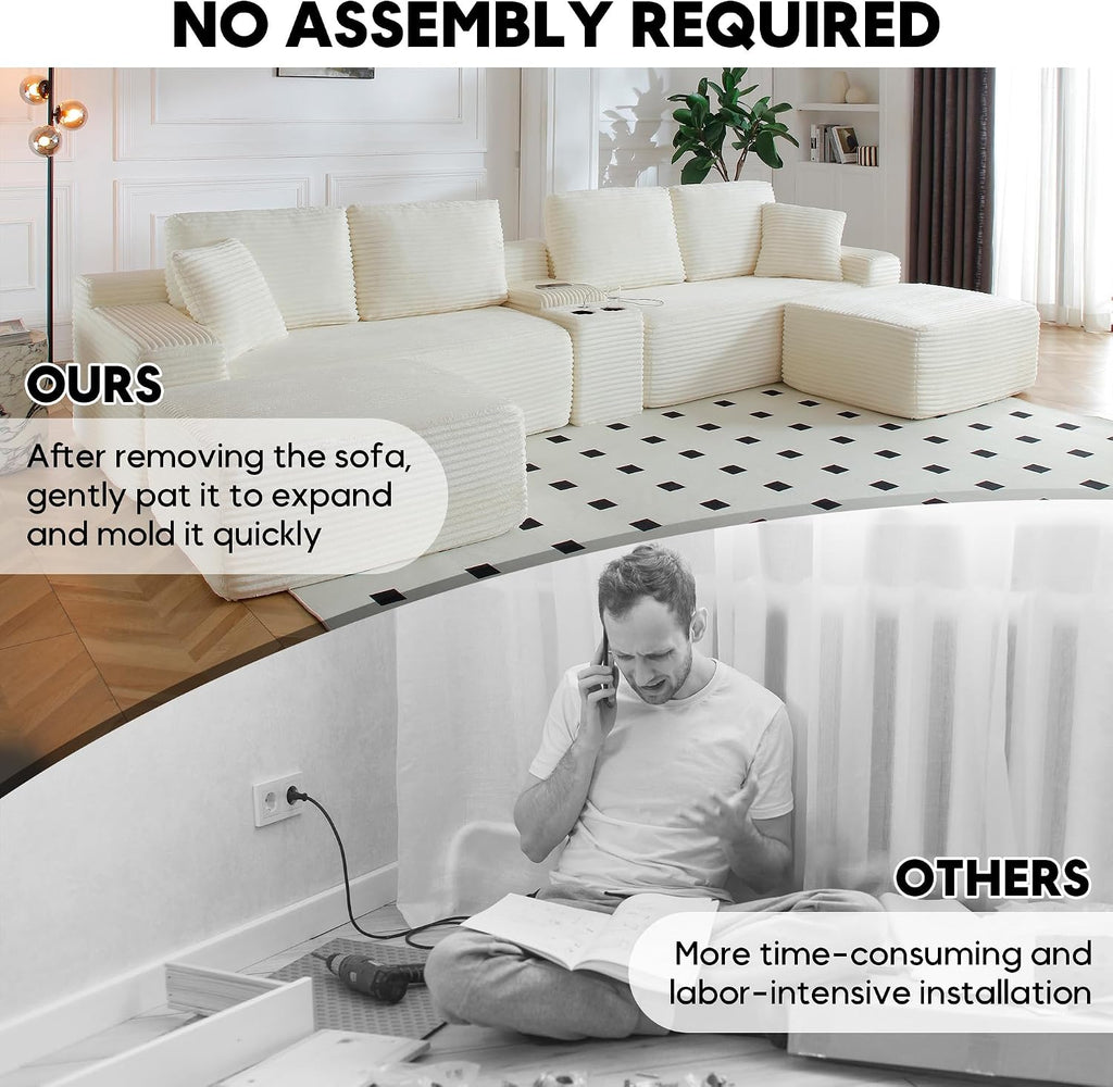125 Inch Modular Sectional Sofa, Modern Oversized Corduroy Cloud Couch with 2 Ottomans, Cup Holders and USB Ports, U Shape Couch Boneless Couches for Living Room, No Assembly Required, Beige