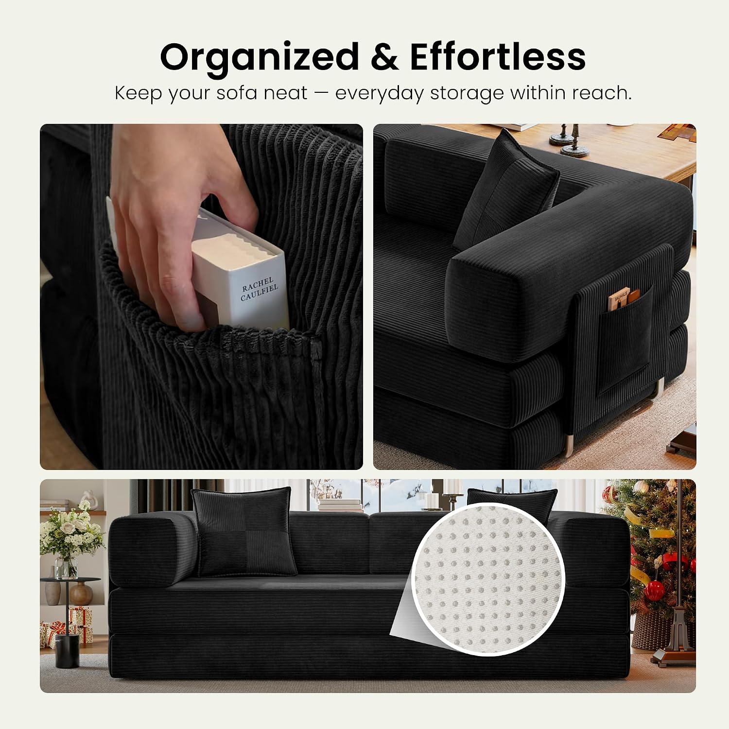 78.8' Convertible Sofa Bed,Corduroy Futon Couch with Storage Pocket,Folding Pull Out Futon Sofa, No Assembly Boneless Couch for Living Room,Black