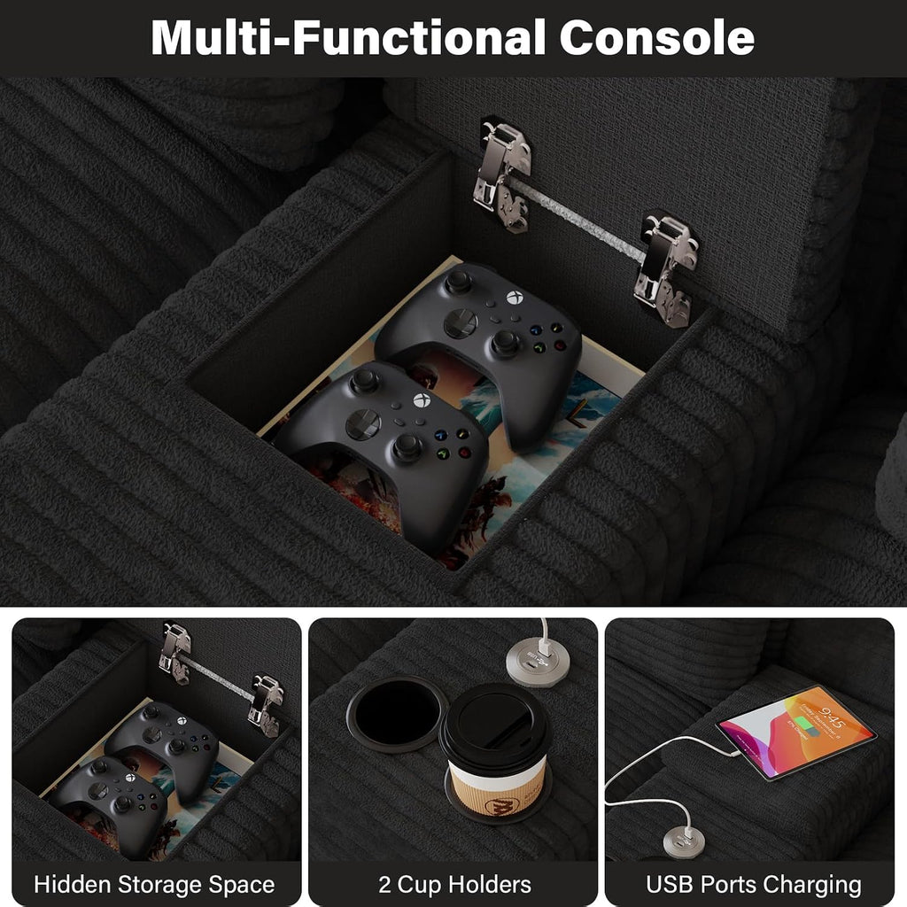 143' Oversized U Shaped Cloud Sectional Couches for Living Room, Comfy Fluffy Corduroy Black Boneless Couch, Large Modular Sectional Sofa Set with Chaise, Cup Holder, USB Port, Storage Console