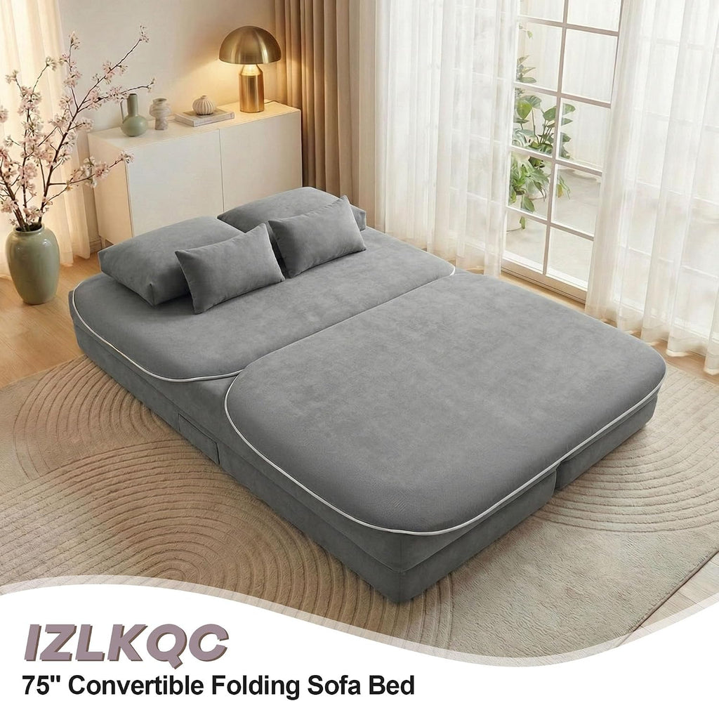 75'' Folding Sleeper Sofa Bed, Convertible Memory Foam Boneless Couch, Foldable Full Size Guest Bed, Modern 2-in-1 Futon Floor Sleeper Sofa with 4 Pillows and Blanket (Chenille, Gray1)