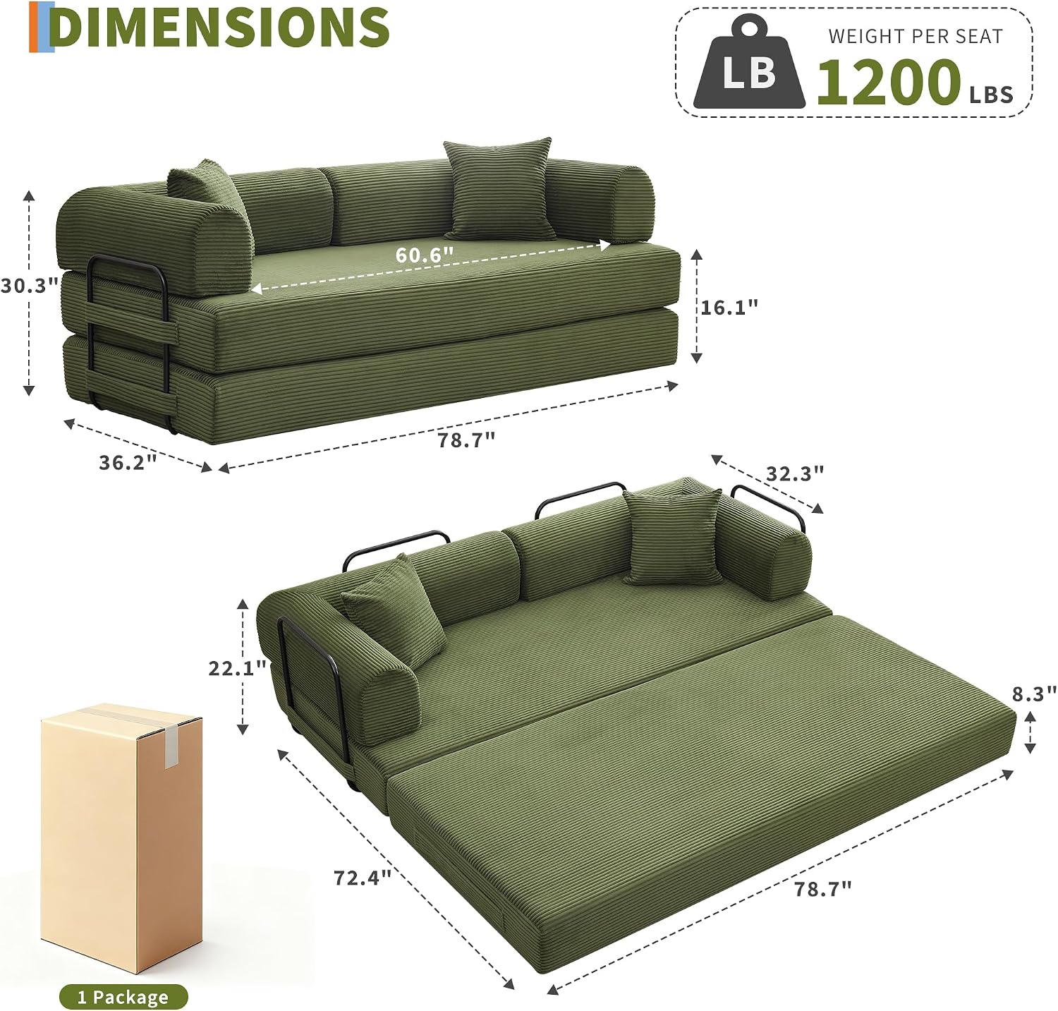GarveeHome 79' Convertible Sleeper Sofa Bed Couch, 4-in-1 Boneless Corduroy Folding Sofa Bed with Pillow & Fixed-Shape, Floor Mattress Couch Loveseat for Living Room Apartments - No Assembly, Green