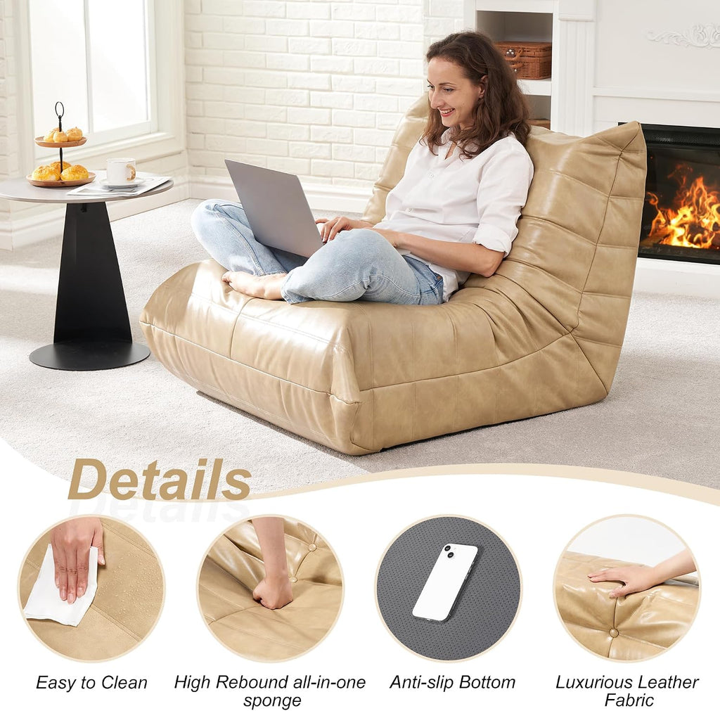 Hobestluk Giant Bean Bag Chair Lazy Floor Sofa, Memory Foam Fireside Sofa for Adults, Big Beanbag Faux Leather Armless Chair for Living Room Bedroom Dorm Office (Khaki, Single)