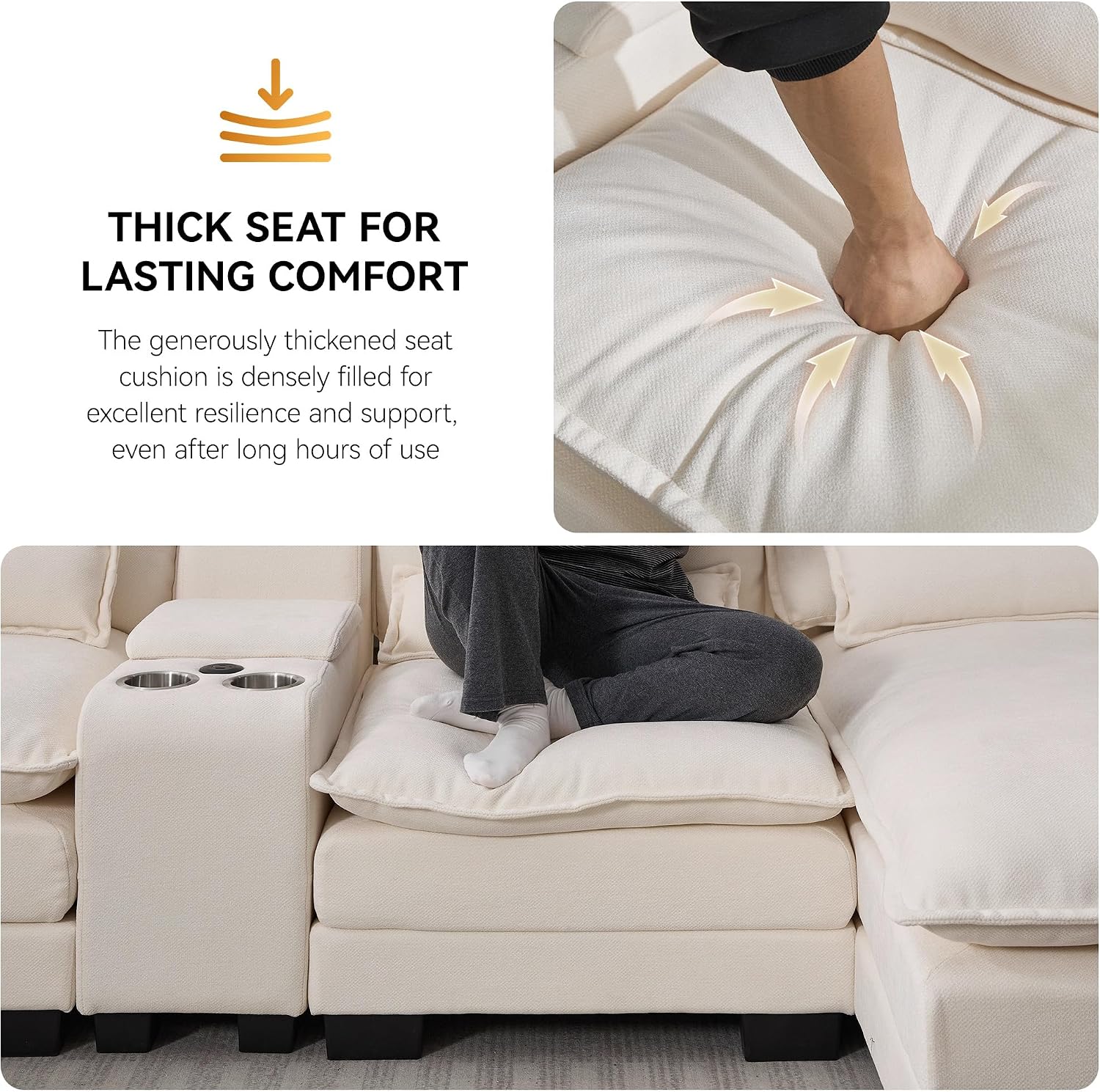 125'' U Shaped Cloud Modular Sectional Sofa with Chaise Lounges, Chenille Upholstered Comfy Couch with Storage Console, USB Charging Ports & Cup Holders, Small Deep Seat Sofa for Living Room, Beige