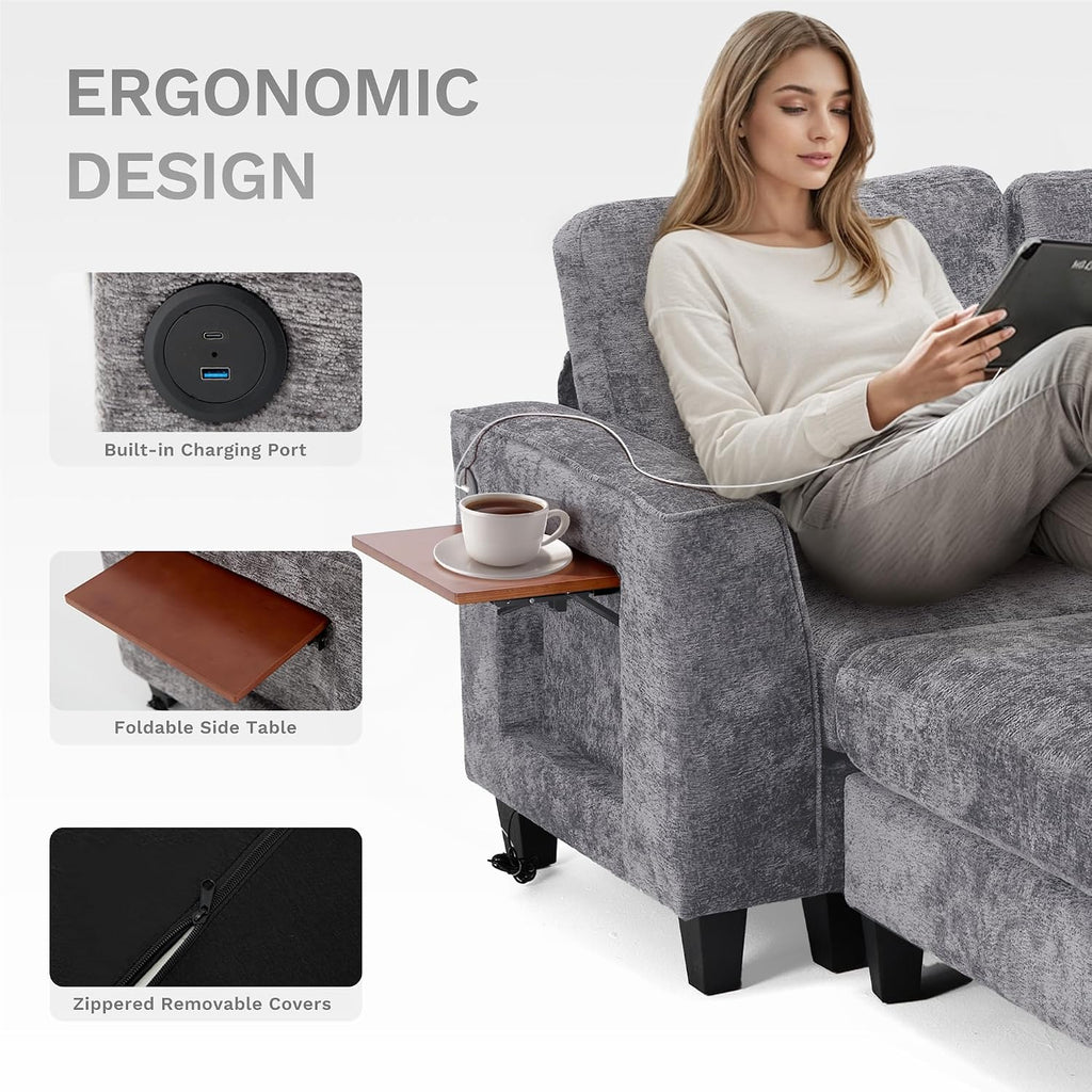 MALOL 118' U-Shaped Sectional Couch, 4-Seat Modular Sofa with USB Type C Ports, 2 Ottomans and Foldable Side Table, Grey for Living Room