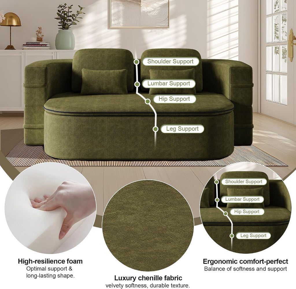 75'' Folding Sleeper Sofa Bed, Convertible Memory Foam Boneless Couch, Foldable Full Size Guest Bed, Modern 2-in-1 Futon Floor Sleeper Sofa with 4 Pillows and Blanket (Chenille, Green1)
