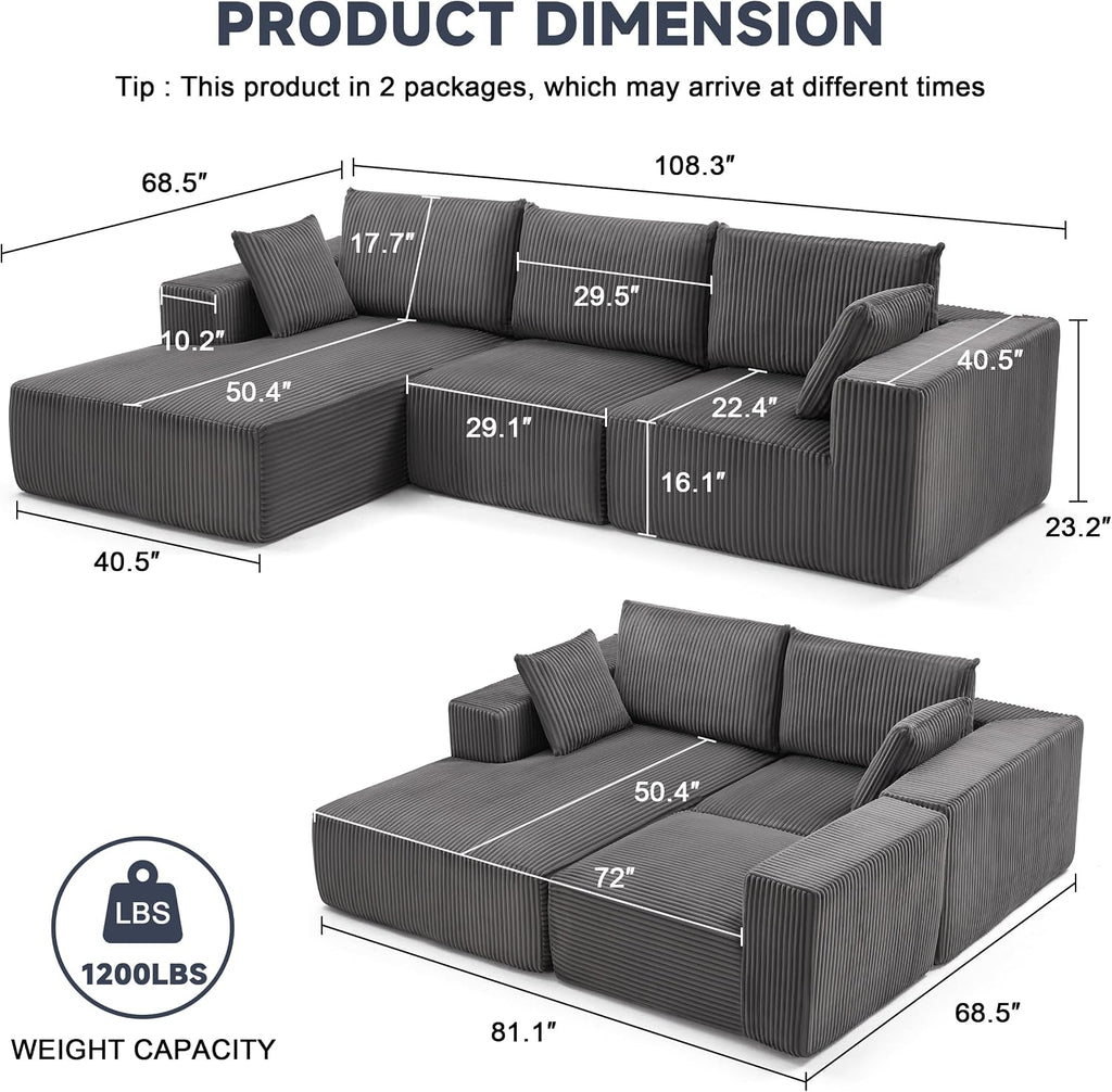 108' Modular Sectional Sofa, Cloud Sectional Couch with Deep Seat, Upholstered Boneless Couches for Living Room Bedroom, Modern Modular L-Shape Sofa Couch with Chaise (Left Facing Chaise, Dark Gray)