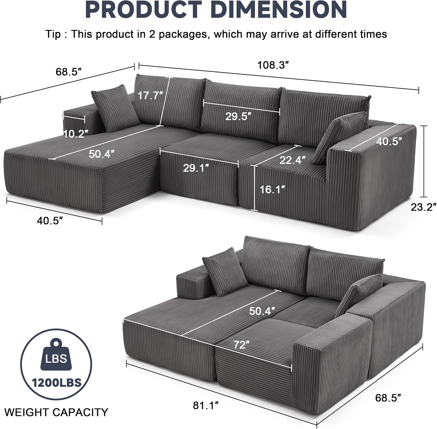 108' Modular Sectional Sofa, Cloud Sectional Couch with Deep Seat, Upholstered Boneless Couches for Living Room Bedroom, Modern Modular L-Shape Sofa Couch with Chaise (Left Facing Chaise, Dark Gray)