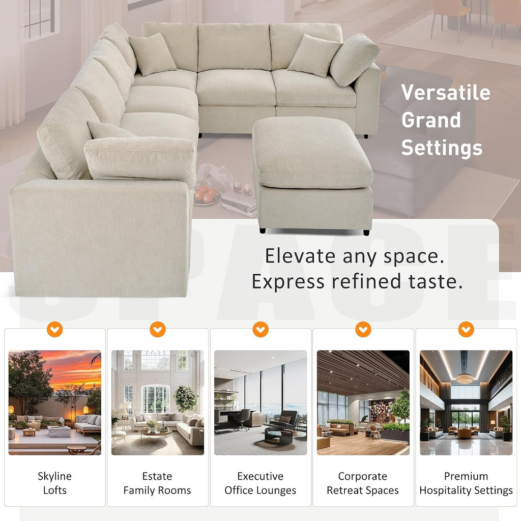 124.8' W Large Modular Sectional Sofa L Shaped Modern Couch with Ottoman, Deep Seat and Wide Chaise for Living Room, Beige