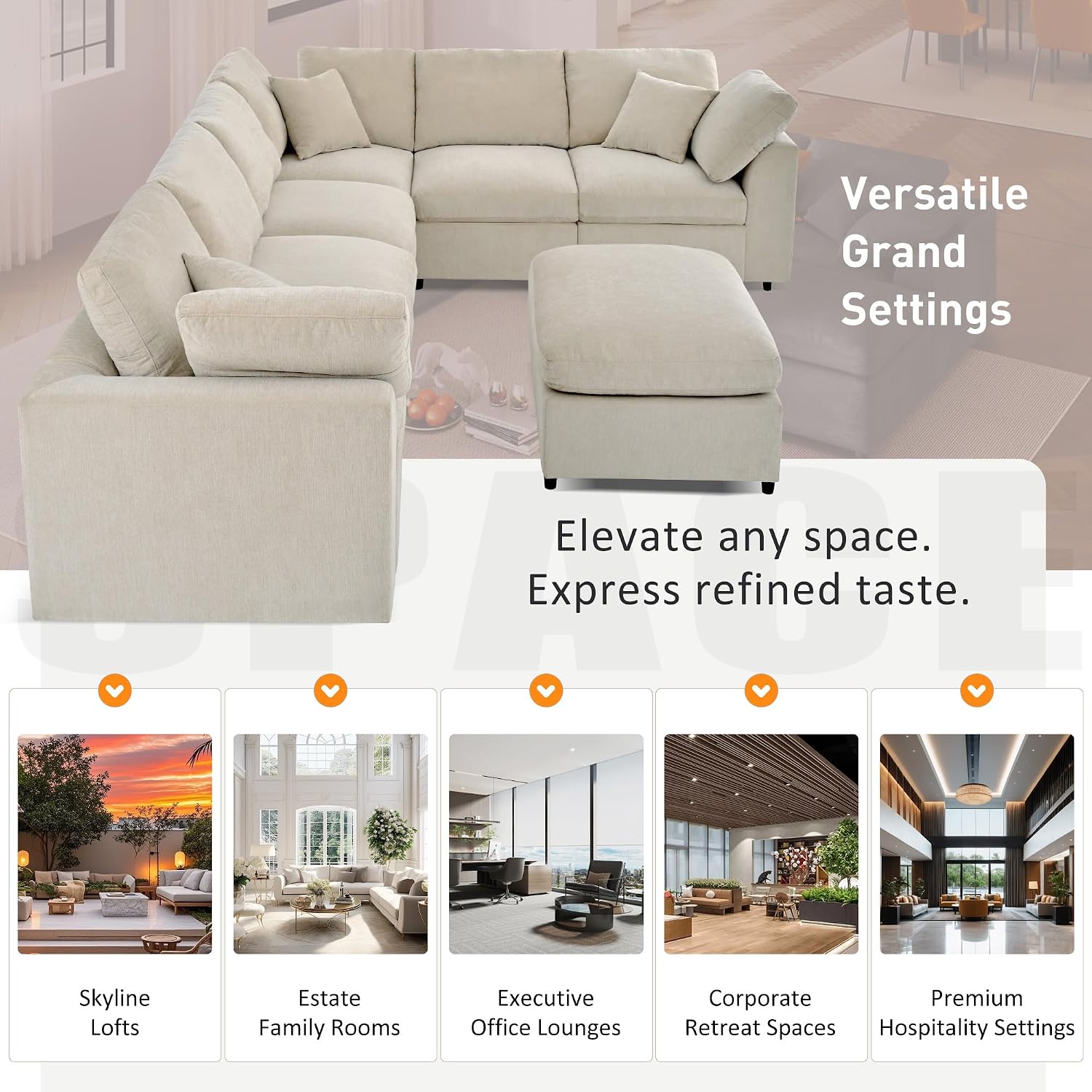 124.8' W Large Modular Sectional Sofa L Shaped Modern Couch with Ottoman, Deep Seat and Wide Chaise for Living Room, Beige