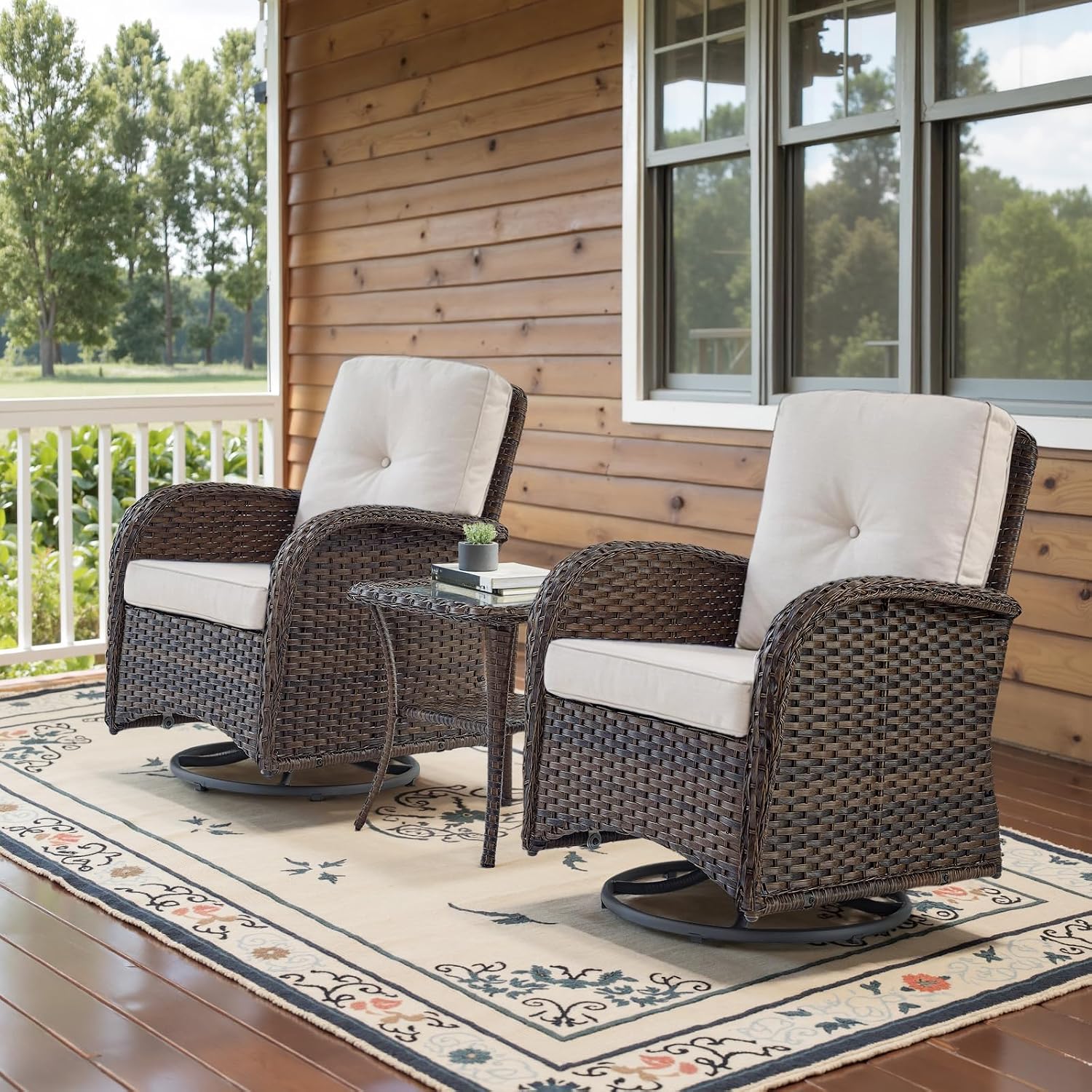 Belord Patio Wicker Chairs Swivel Rocker - Outdoor Swivel Rocking Chairs Set of 2 with Rattan Side Table, Patio Swivel Glider Chair 3 Piece Patio Furniture Sets for Deck Porch Pool Brown/Beige