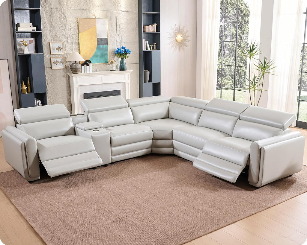 Amerlife Power Recliner Sectional Sofa, Reclining Sofa with Storage/USB Port, Leather Recliner Sofa with Adjustable Headrest, 5-Seat Reclining Sectional Couches with Console and Cup Holder, Light Grey