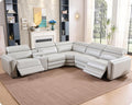 Amerlife Power Recliner Sectional Sofa, Reclining Sofa with Storage/USB Port, Leather Recliner Sofa with Adjustable Headrest, 5-Seat Reclining Sectional Couches with Console and Cup Holder, Light Grey