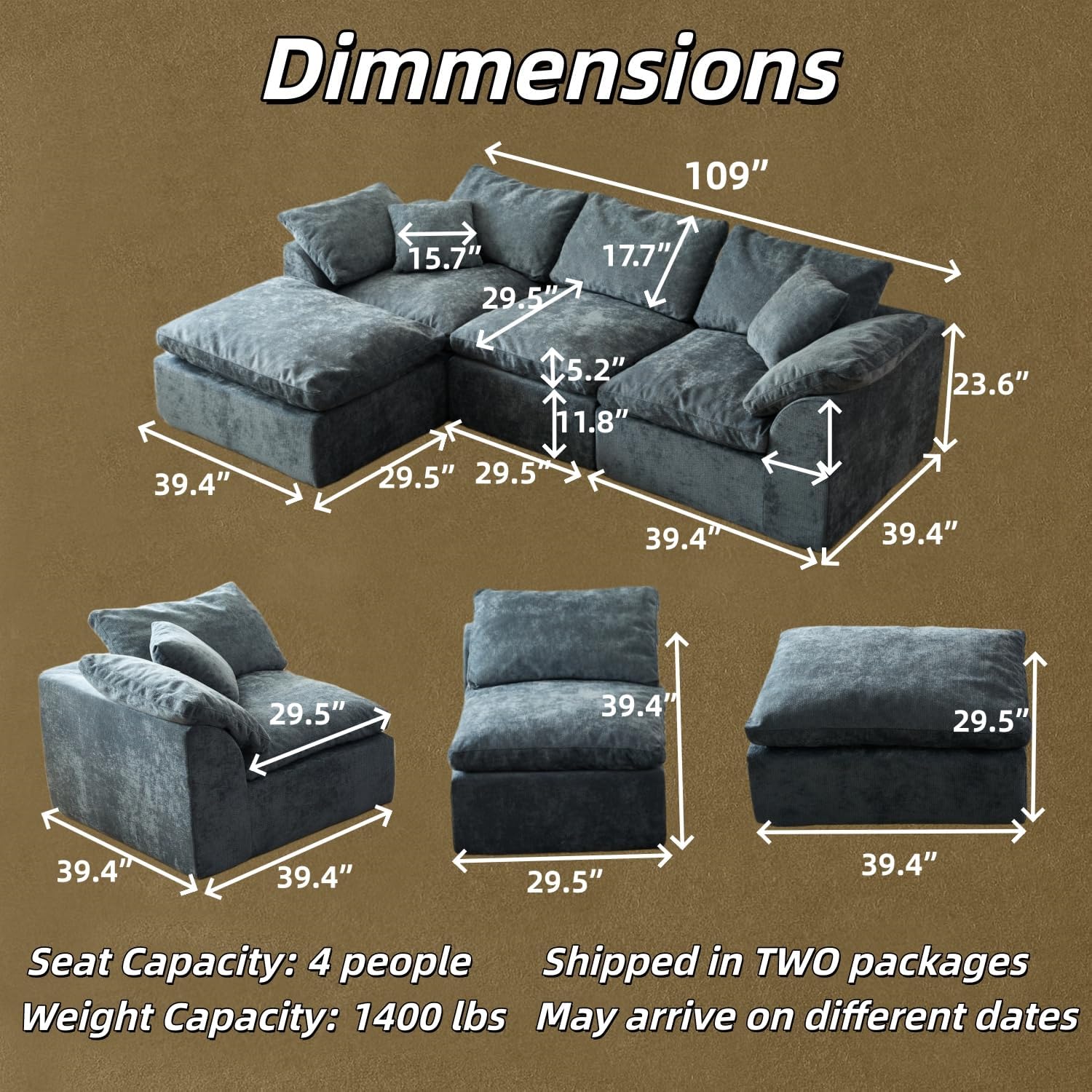 109' Modern Cloud Couches for Living Room, Deep Seat Convertible L-Shape Boneless Couch with Ottoman, Oversized Comfy 3-Seater Couch Chenille Fabric Compressed Sofa Modular Sectional Sofa, (Blue)