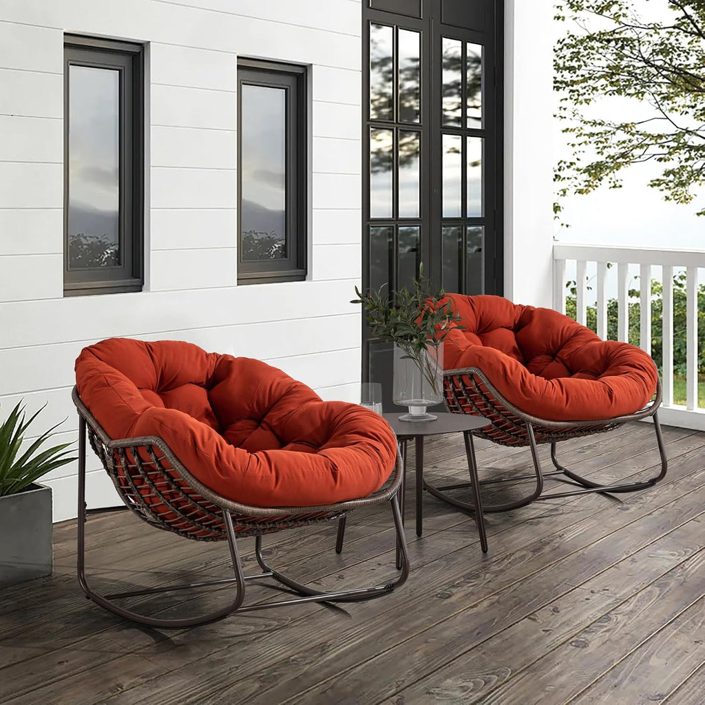 Outside Rattan Rocking Chair with Wicker Cushion, Oversized Lounge Papasan Chair, Outdoor Camping Chairs Patio Furniture for Garden, Balcony, Front Porch & Living Room, Orange