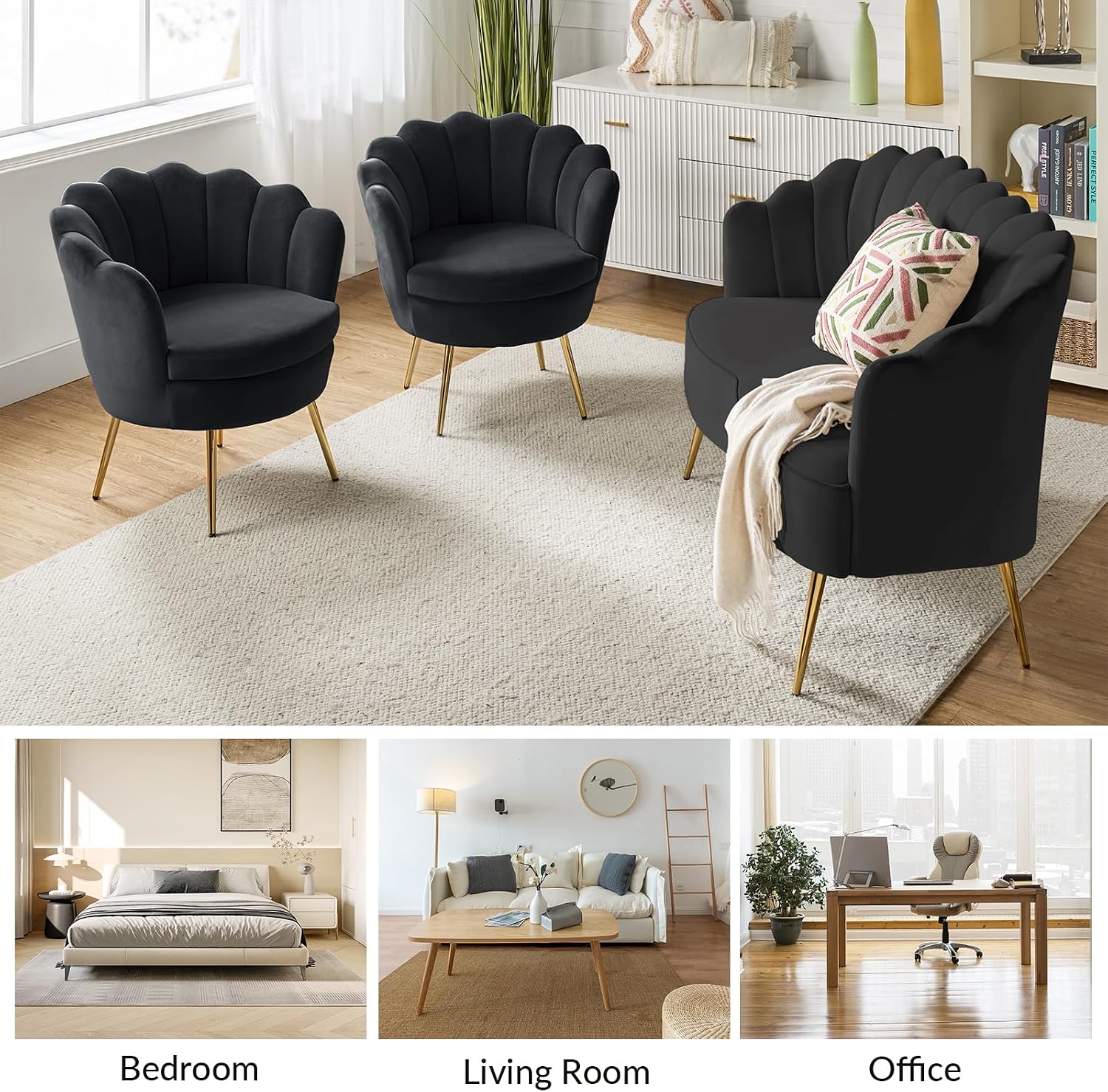 HULALA HOME 3 Piece Velvet Living Room Furniture Set, Including Loveseat & 2 Sofa Chairs, Modern Comfy Upholstered 2-Seater Sofa & Accent Chair Set for Bedroom, Flower Shaped Back & Gold Legs, Black