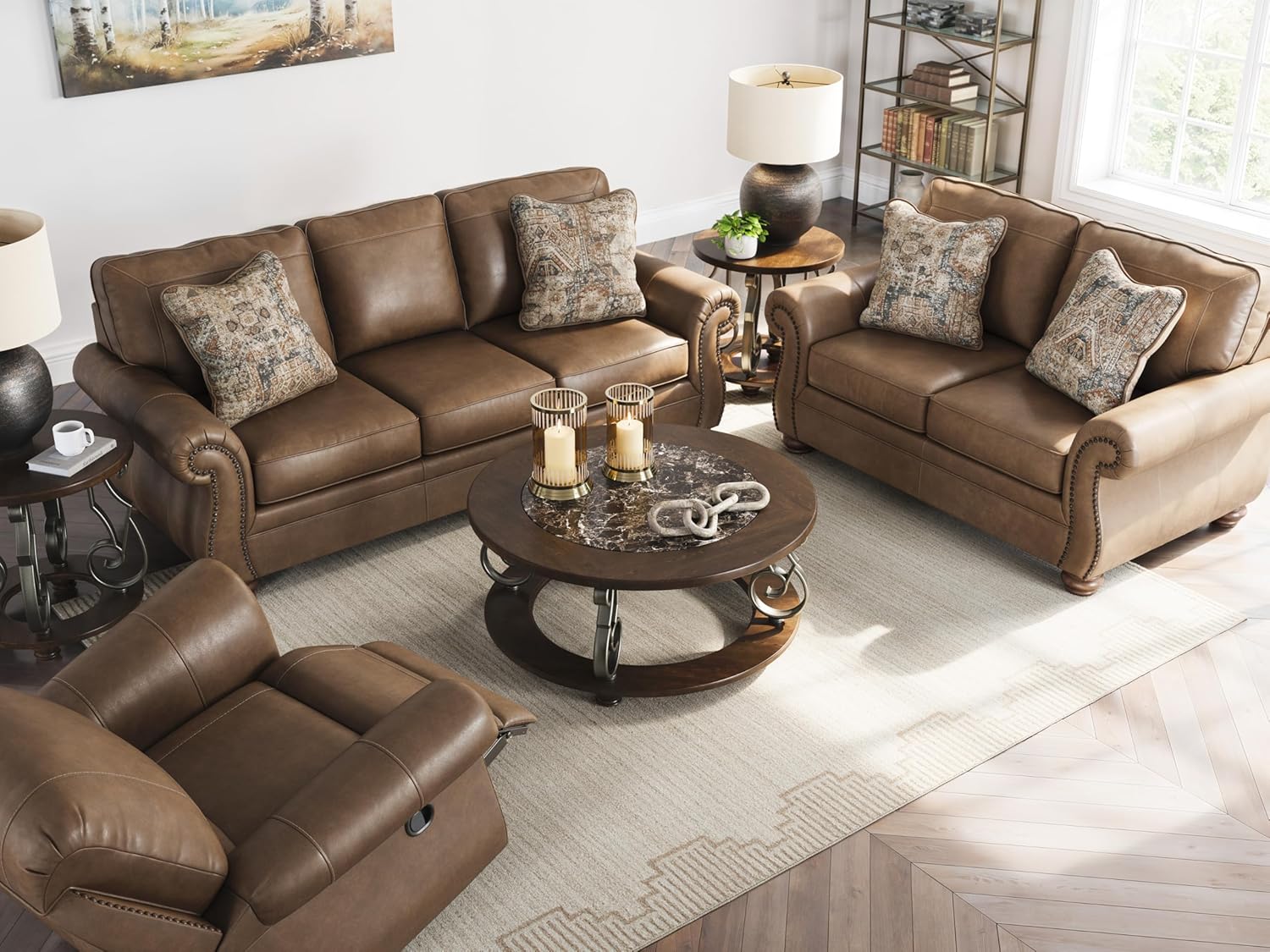 Signature Design by Ashley Shadsburne Rustic Faux Leather Sofa with Nailhead Trim and 2 Throw Pillows, Brown
