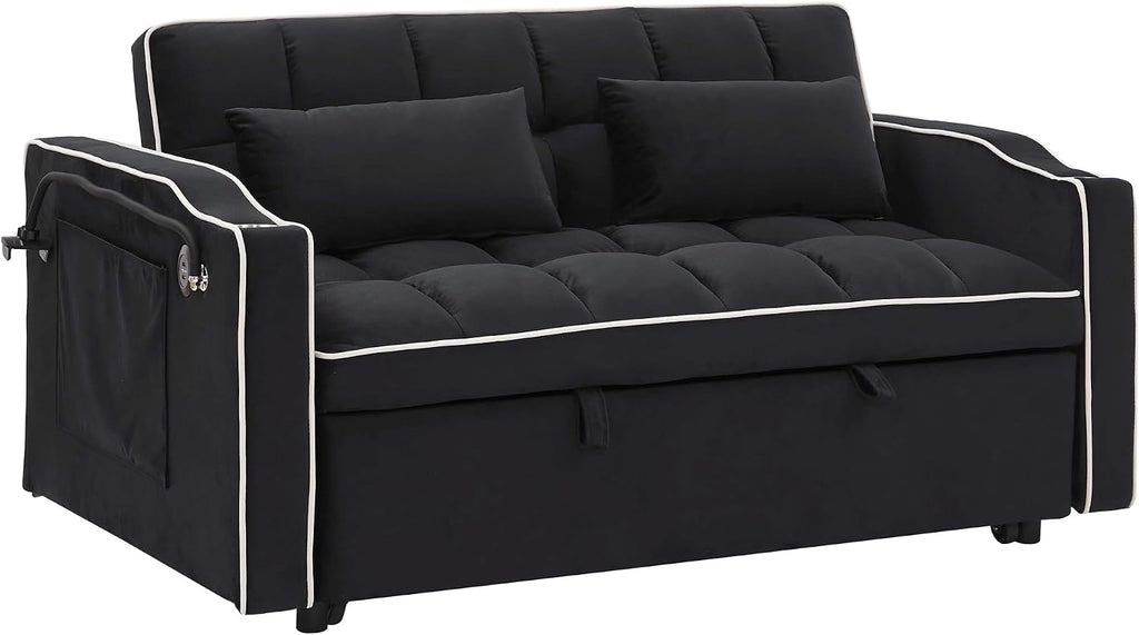 LUMISOL 55.5' Convertible Sleeper Sofa with Pull Out Bed, 3-in-1 Loveseat Sofa with USB Ports, 2 Cup Holders & Storage Pockets, Velvet Sleeper Sofa Bed with Adjustable Backrest, Black