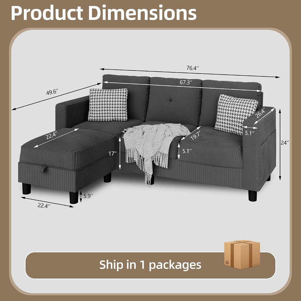 Convertible Sectional Sofa with Storage Ottoman, 77' L-Shaped 3-Seat Couch with Skin-Friendly Corduroy Fabric, Reversible Small Sectional for Small Space, Apartment, Living Room and Office(Dark Grey)