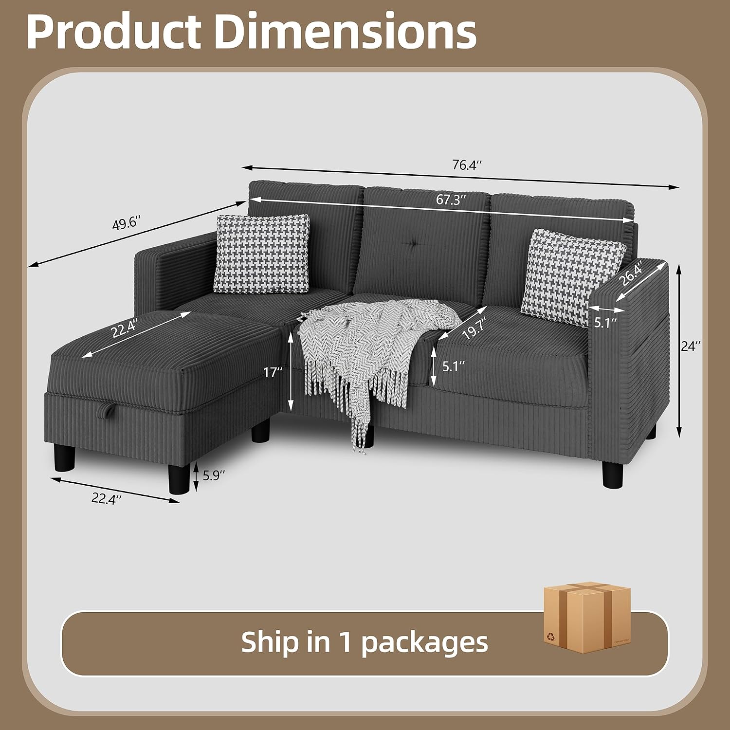 Convertible Sectional Sofa with Storage Ottoman, 77' L-Shaped 3-Seat Couch with Skin-Friendly Corduroy Fabric, Reversible Small Sectional for Small Space, Apartment, Living Room and Office(Dark Grey)