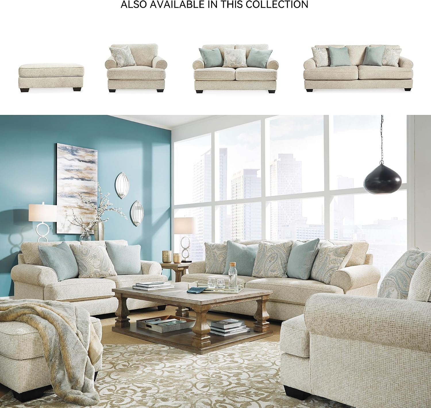Signature Design by Ashley Monaghan Vintage Loveseat with Accent Pillows, Reversible Cushions and Rolled Arms, Beige