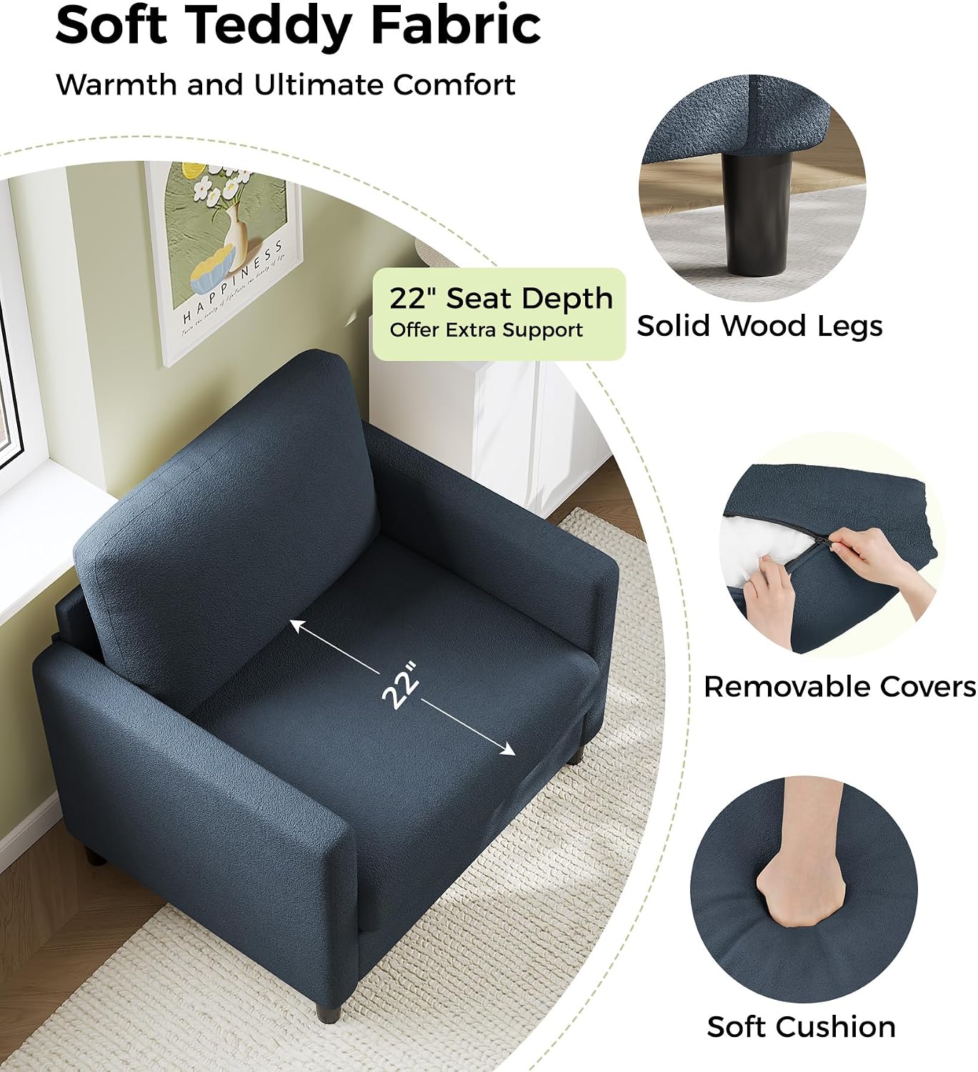 Welzona Sofa Accent Chair, 33' Reading Chair for Bedroom, Tool-Free Setup Living Room Accent Chairs, Comfy Arm Chairs Living Room, All-Wood Reading Nook, Blue Grey