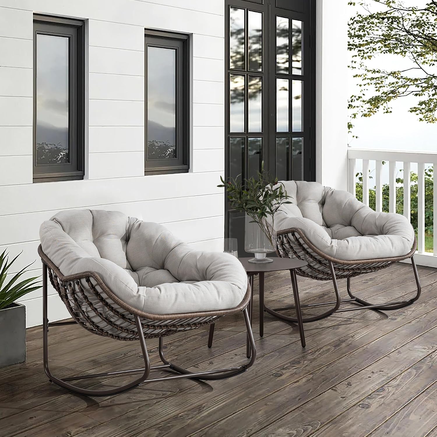 Patio Rocking Chairs, Oversized Wicker Egg Rocking Chair,Indoor & Outdoor Upholstered Papasan Chairs, Modern Lounge Chair for Balcony,Living Room Patio, Front Porch, Garden