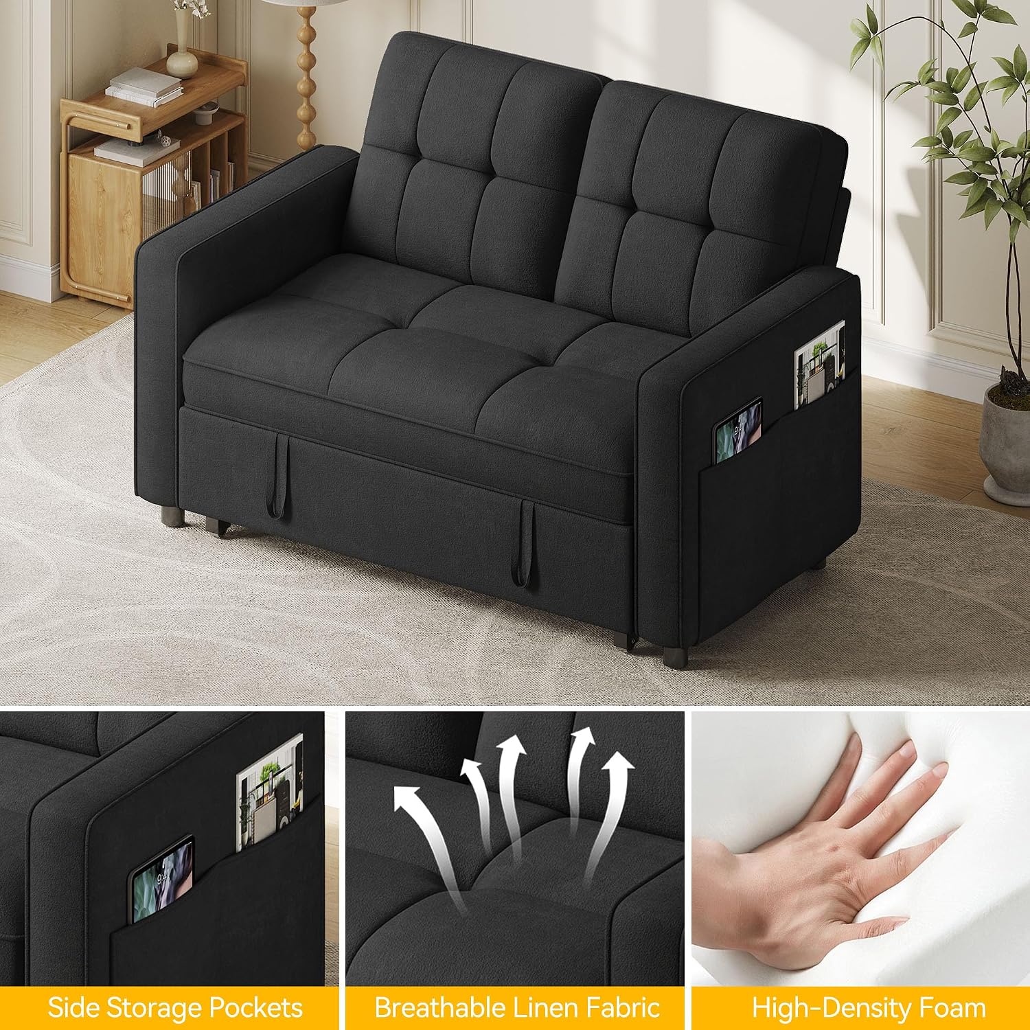 DWVO 3 in 1 Convertible Sleeper Sofa Bed, 55' Pull Out Sofa Bed with Adjustable Backrest and USB, Velvet Futon Couch with Side Pockets for Living Room, Black