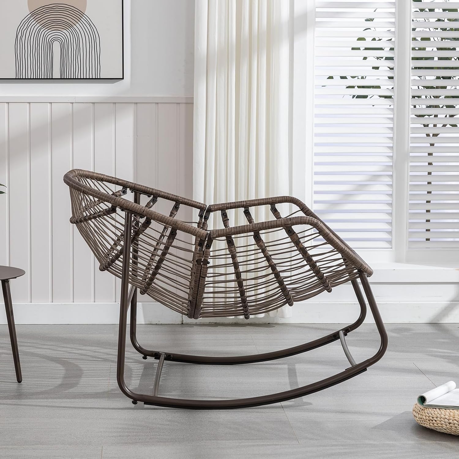 JEEOHEY Papasan Rocking Chairs Outdoor Indoor, Oversized Rattan Rocker Patio Chair with Padded Cushion, Comfy Modern Indoor Egg Chair for Living Room, Bedroom, Porch, Garden, Balcony(Corduroy, Pink)