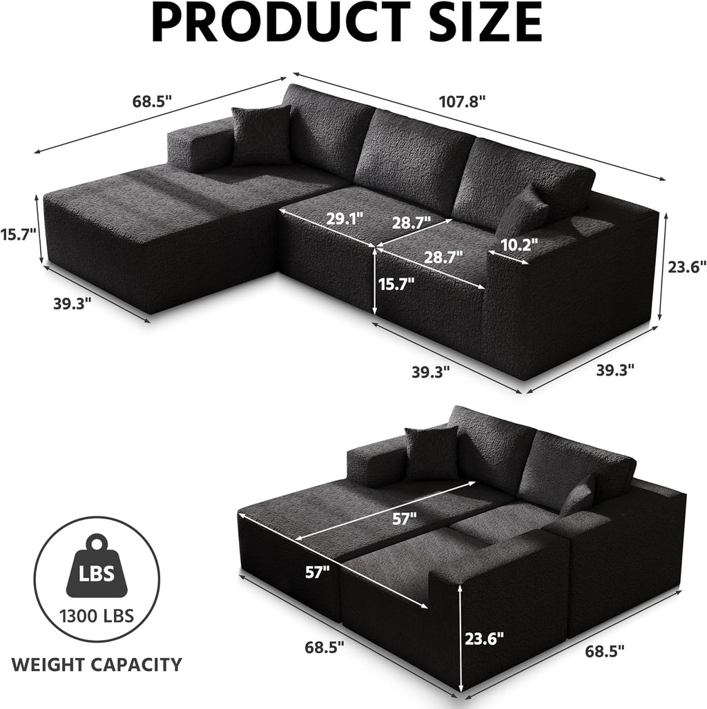108' Cloud Modular Sectional Couch with L-Shape Chaise, Modern Sectional Sofa with Deep Seat Couch, Ultra Soft Knit Fabric Couches for Living Room, No Assembly Required, Left Facing Chaise (Black)