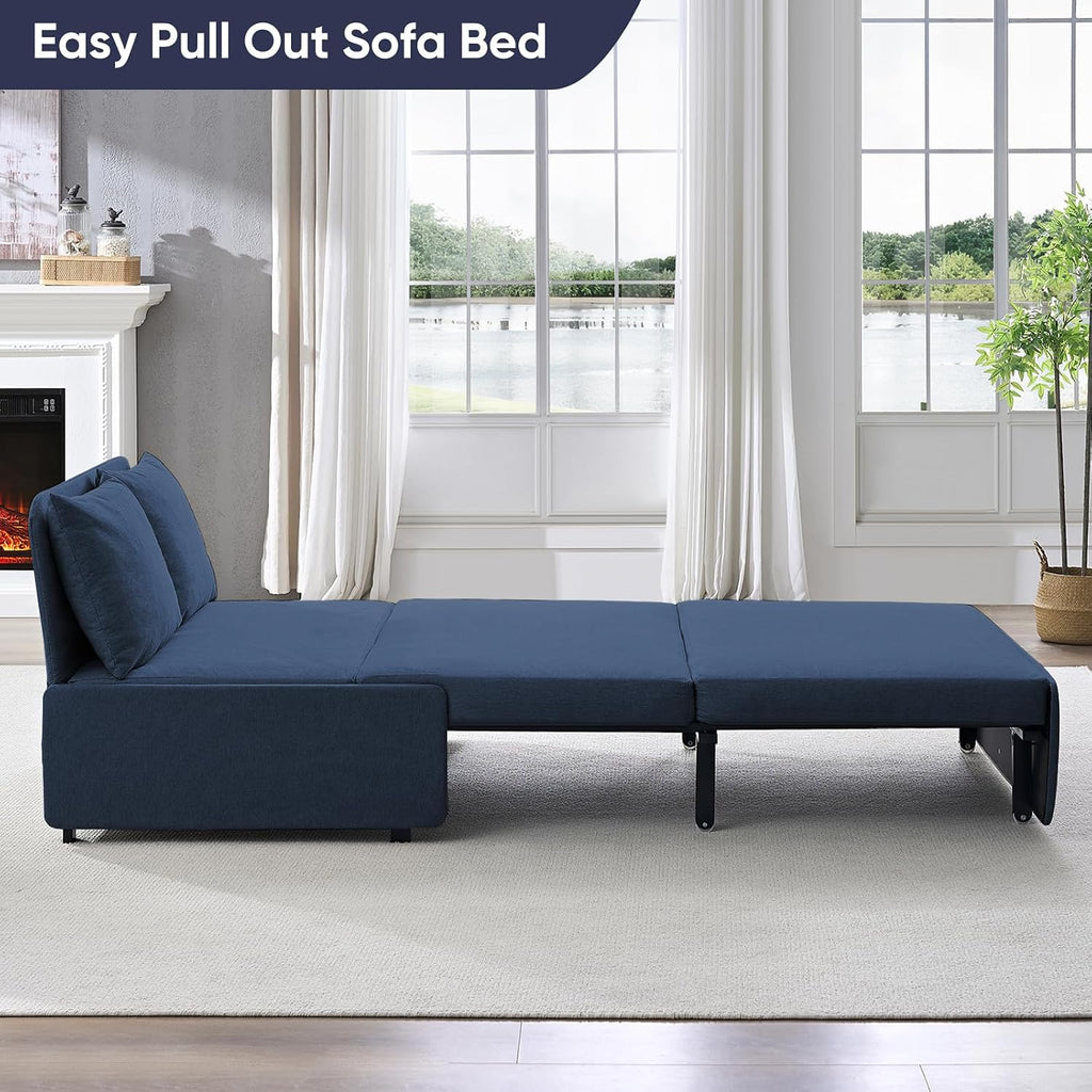 CECER 43.3' Convertible Sofa Bed，Twin Size Pull Out Sofa Bed with 2 Pillows，3 in 1 Linen Sleeper Sofa with Mattress for Small Space-Dark Blue