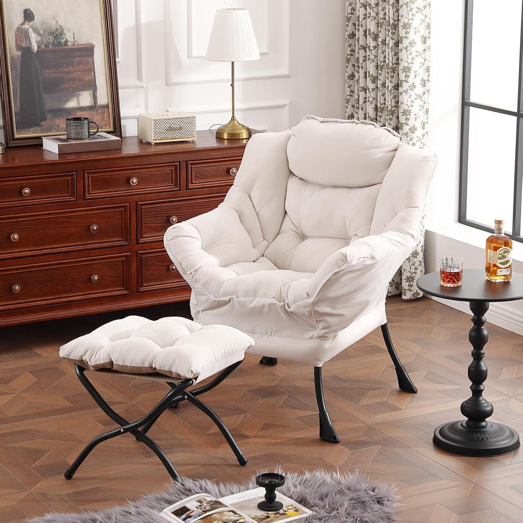 Furlide Lazy Chair with Ottoman, Modern Accent Chair with Armrests and a Side Pocket, Beige Accent Chairs, Reading Chairs, Oversized Armchairs for Bedroom, Study, Living Room, Courtyard