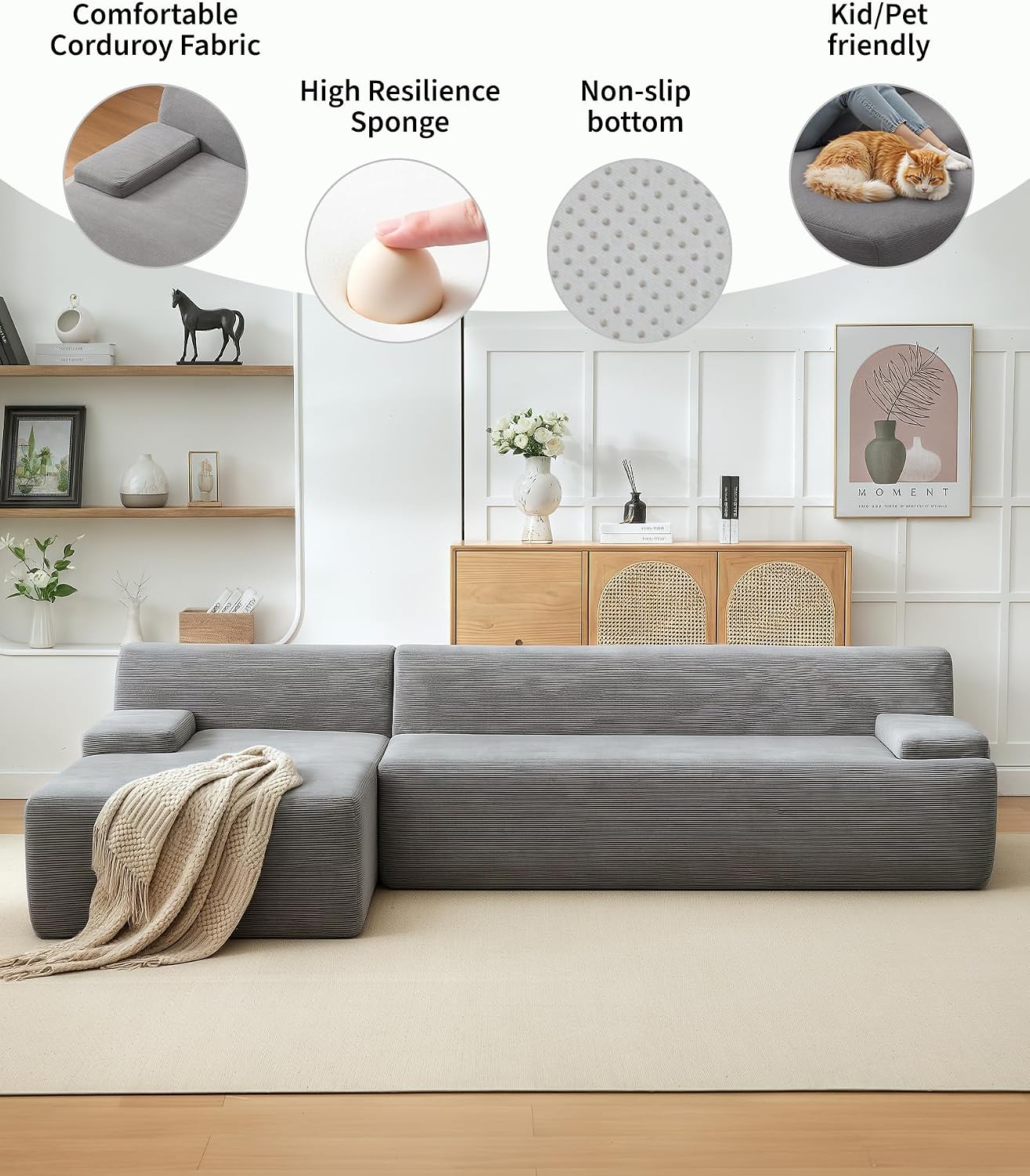 Garvee 108'' Modular Sectional Sofa, Left Facing Chaise L-Shaped Boneless Couch, Ultra Deep Seat Modern Sectional Sofa for Living Room, 5mm Wale Corduroy Fabric, Gary