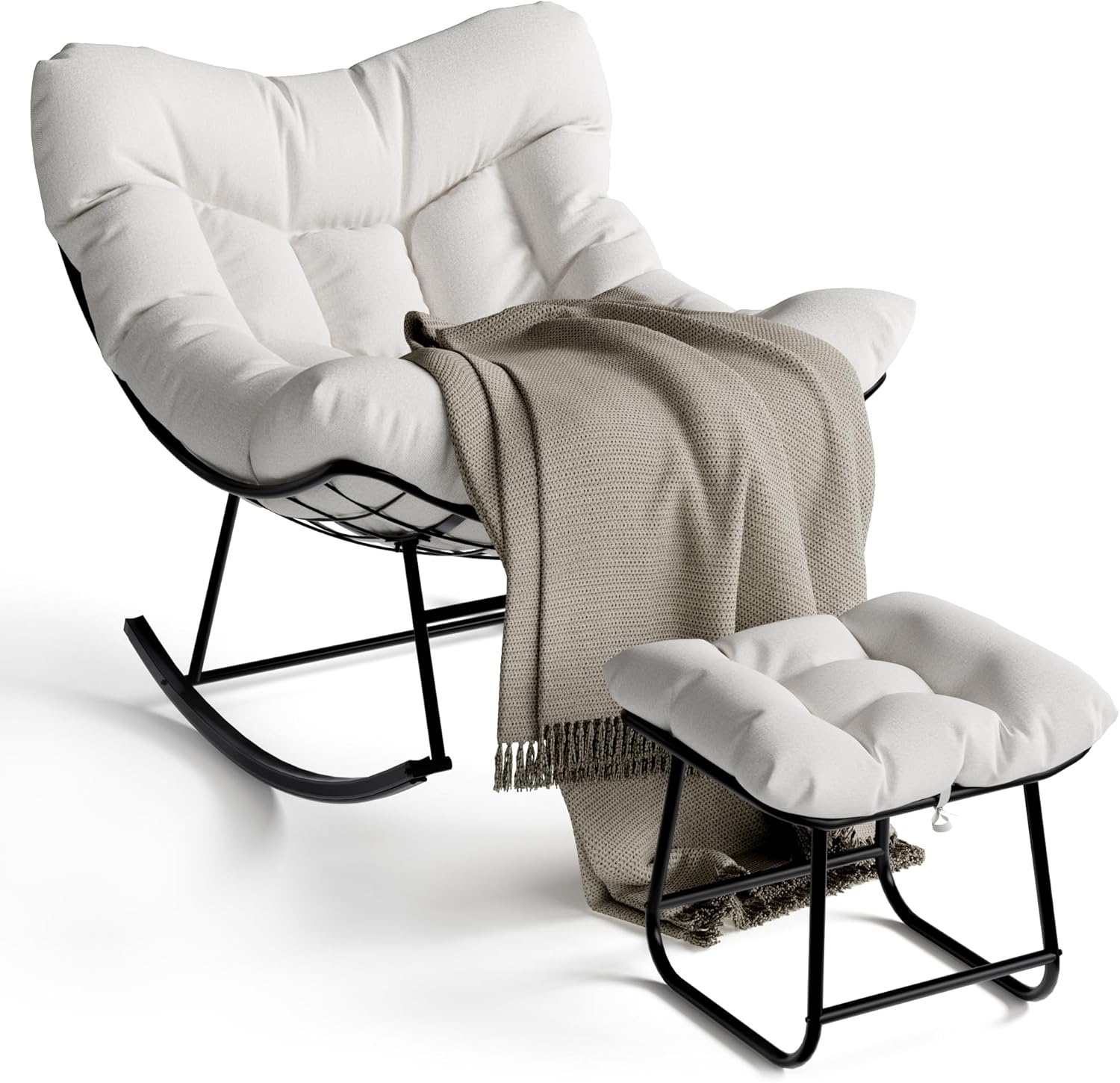 Oversized Papasan Rocking Chair with Ottoman - Durable Handwoven Egg Chair, Soft Cushion & Metal Frame for Patio, Bedroom, Living Room
