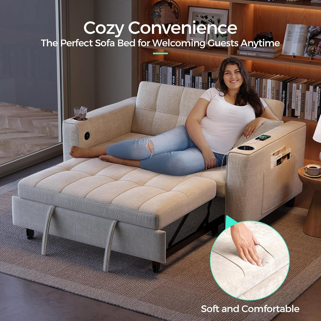 LINSY Sleeper Sofa Bed, 54' Pull Out Couch with Charging Station & Cup Holder, Small 3 in 1 Convertible Loveseat Sleeper Couch for Apartment, Dorm Room, Bedroom and Small Space(Chenille Beige)