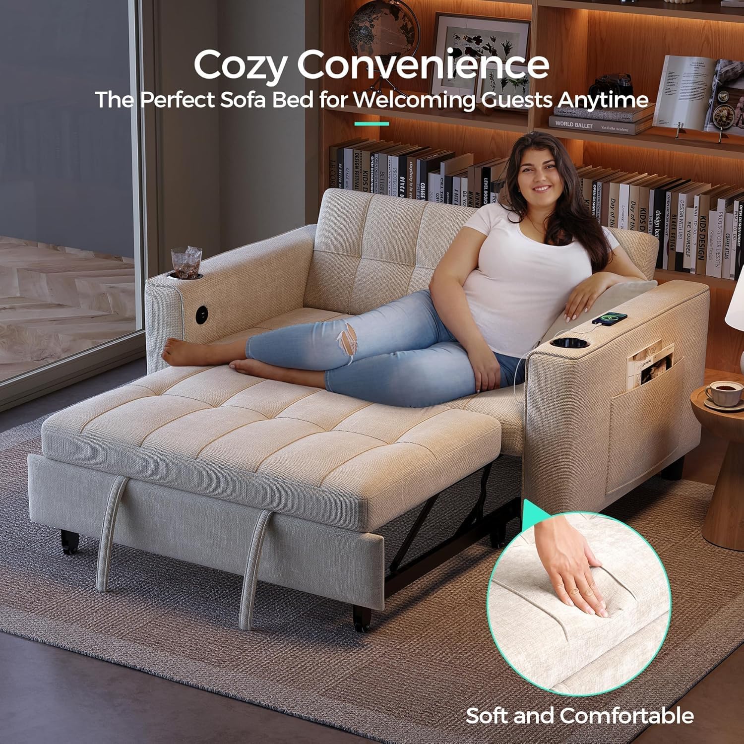LINSY Sleeper Sofa Bed, 54' Pull Out Couch with Charging Station & Cup Holder, Small 3 in 1 Convertible Loveseat Sleeper Couch for Apartment, Dorm Room, Bedroom and Small Space(Chenille Beige)