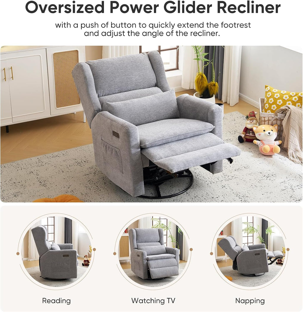 Power Recliner Chair Swivel Glider, Oversized Swivel Rocker Recliner with Adjustable Headrest, Chenille Glider Recliner Nursery Chair with Overstuffed Lumbar Support, USB Ports,Grey
