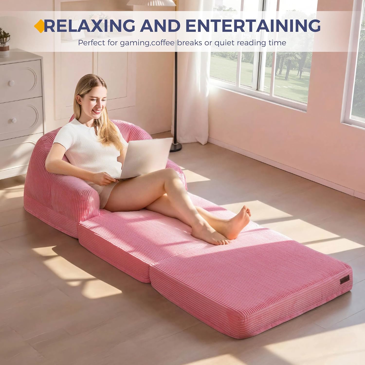 MAXYOYO Folding Sofa Bed with Backrest, Boneless Fold Out Couch Bed with Handle, 2 in 1 Convertible Bean Bag Chair to Floor Sofa Lounger, Comfy Folding Couch for Bedroom & Living Room, Pink