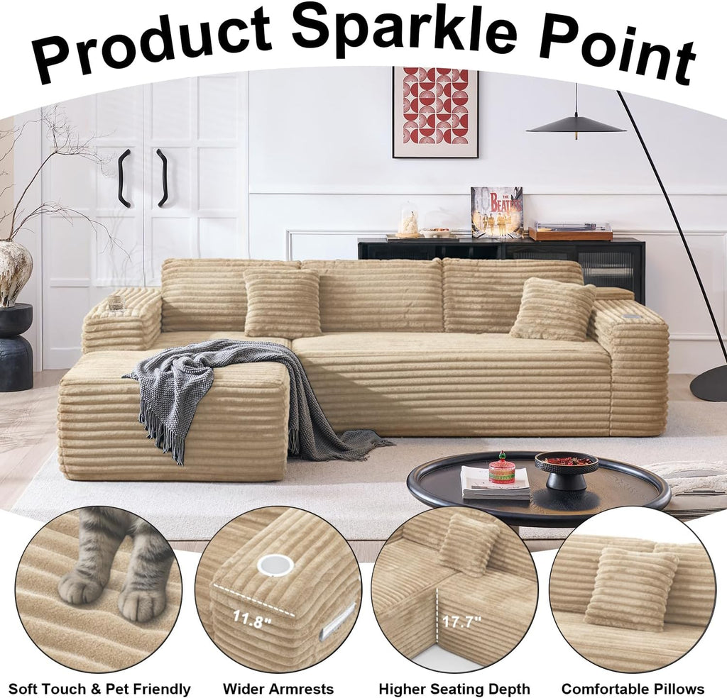 Cloud Sectional Couch with L-Shape Chaise, Modern Modular Sofa with Deep Seat, Built-in Cup Holder & Storage Pocket for Living Room Bedroom, No Assembly Required (Camel, Right Facing Chaise)