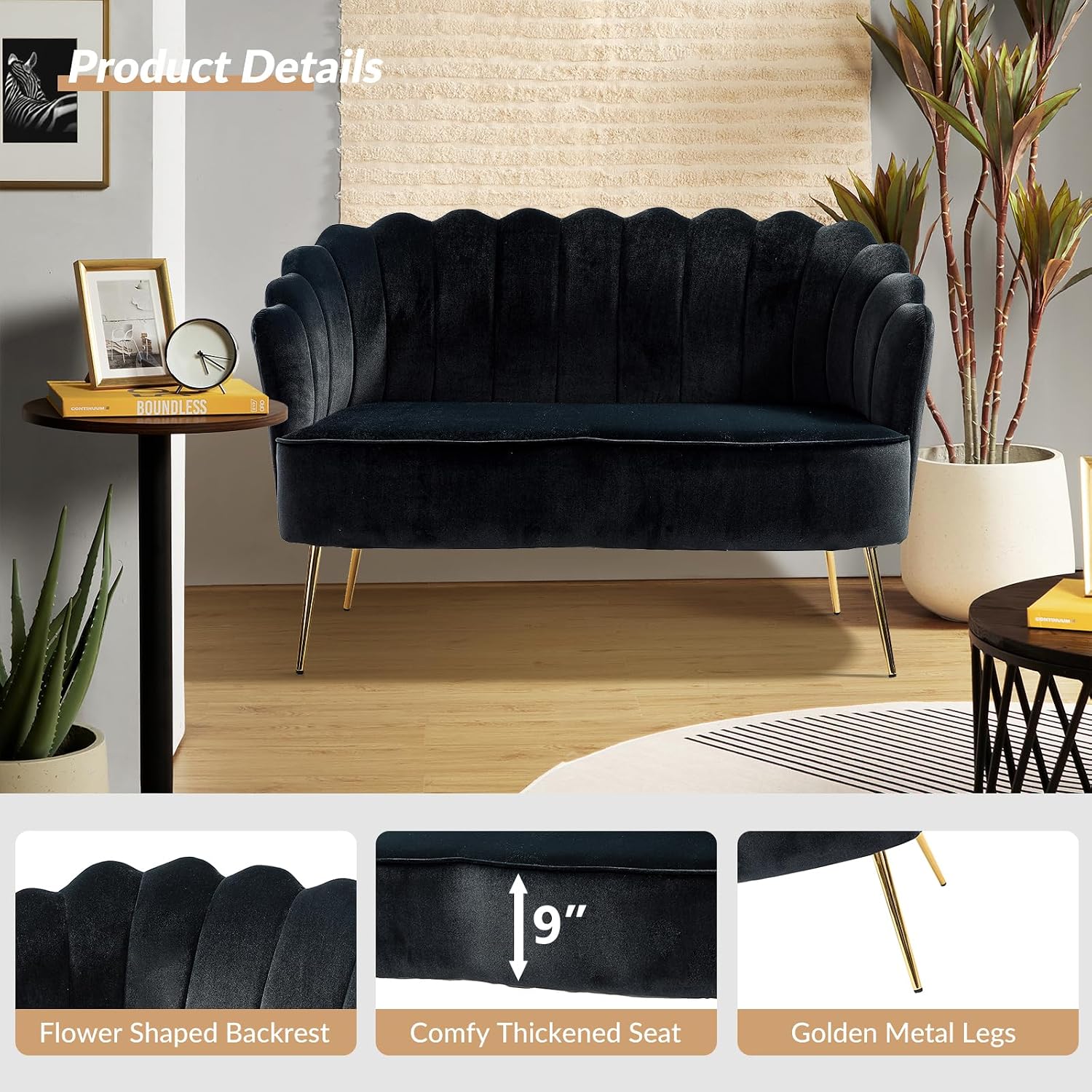 HULALA HOME Modern Velvet Loveseat Sofa with Flower Shaped Back, Comfy Upholstered 2-Seater Sofa with Gold Metal Legs, Small Love Seat Accent Couch for Living Bedroom Leisure Areas, Black