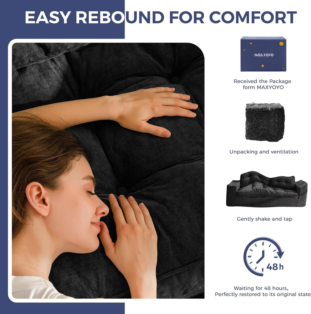 MAXYOYO Boneless Sofa Couch, Loveseat Sofa for Small Space, Tufted 2-Seater Floor Couch Bean Bag Chair for Living Room Bedroom Apartment, Sofa in a Box, No Assembly Needed, Black