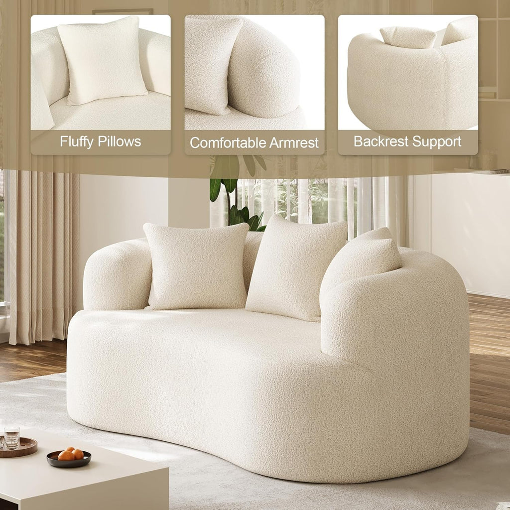 DAMAIFROM 68.5' Loveseat Sofa for Living Room, Modern Luxury Plush Chenille Extra Deep Seat Curved Cloud Floor Couch with 3 Throw Pillows for Small Spaces, No Assembly Needed, Cream White